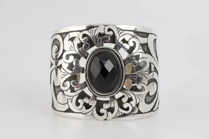 7,5" 925 Silber schwarzer Stein Schnörkel Design breite Manschette Armband (102,03 g.) - Bild 1 von 4