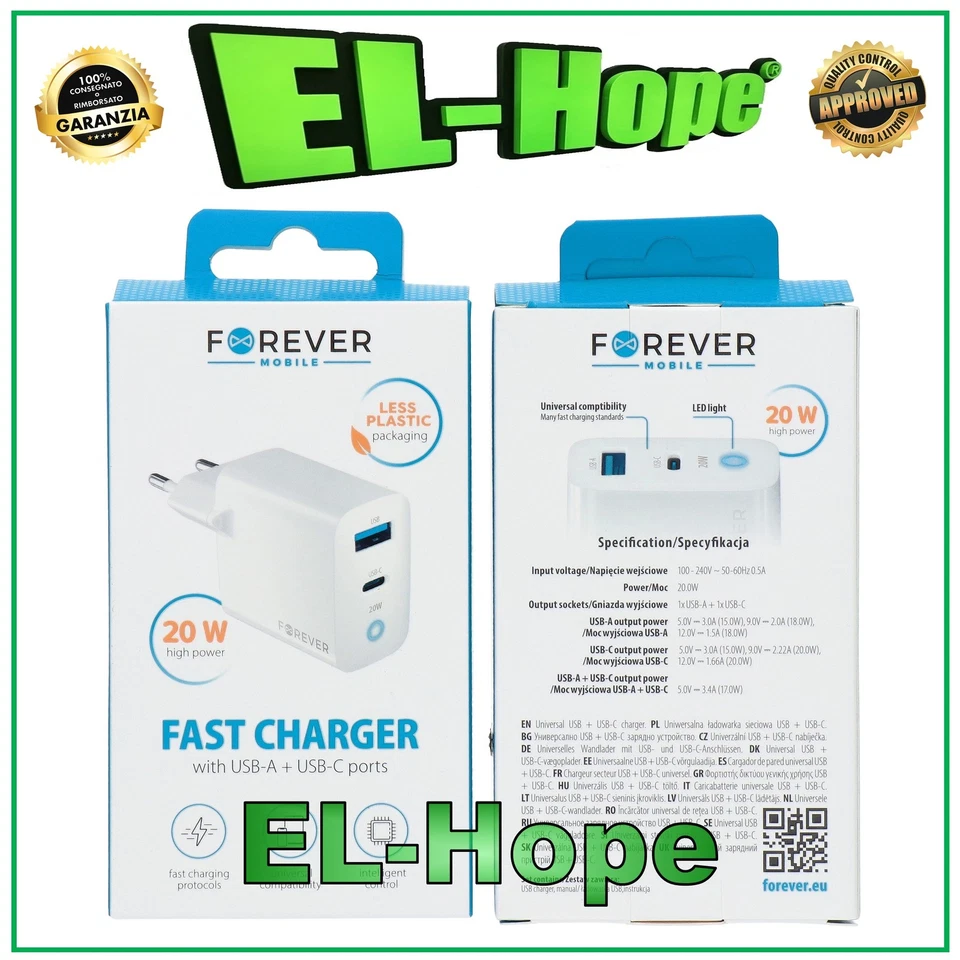 Carica Batterie XO XO-L64 USB-A USC-C Type C 20w Bianco 1x USB-A 1x USB-C