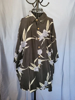 100% Silk XL Van Heusen Floral Black Hawaiian Aloha Shirt With Blue Flowers  - Image 1 of 4