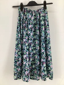 Blue Green Pink Floral Elastic Waist Midi Skirt UK S Lightweight Summer - Picture 1 of 7