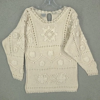 Suéter Colección Invierno Sedas Mujer Grande Tejido 3D Floral Cuello Barco Crema Foto 1 de 4