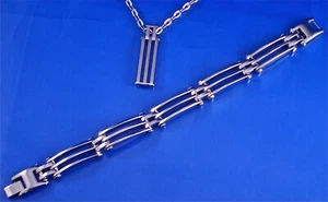 STAINLESS STEEL MEN'S TRIPLE BAR BRACELET AND PENDANT SET - Picture 1 of 7