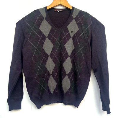 Pierre Cardin Sweater Knit Gray Purple Argyle Diamond V-Neck Mens Size S Foto 1 de 4