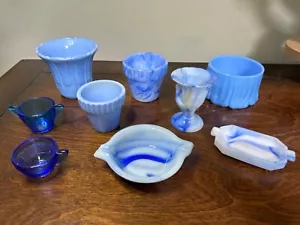 9 Akro Agate | Slag Glass Ashtrays Planters Vases Cups Blue Vintage Lot - Picture 1 of 2