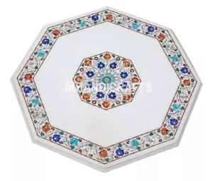 18" Octagonal White Marble Gemstones Inlay Work Table Top Home Decor Gift - Picture 1 of 9