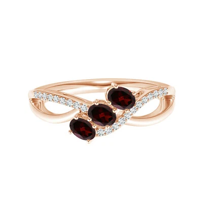 14k Rose Gold Three Stone 6x4MM Oval Shape Garnet Twist Shank Women Ring Foto 1 de 4
