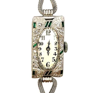 Vintage 18K White Gold Diamond and Emerald Hand Engraved Ladies' s Watch 6.75" - Picture 1 of 15