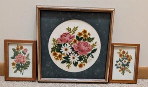 Vintage 1970s Retro Framed Embroidery Crewel Pink Yellow Flowers 3 Piece Framed - Picture 1 of 14