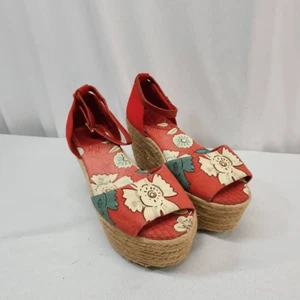 Tory Burch Taglia 9 Sandali Espadrillas Sherri Rosso Floreale Rafia Zeppa Q - Foto 1 di 11