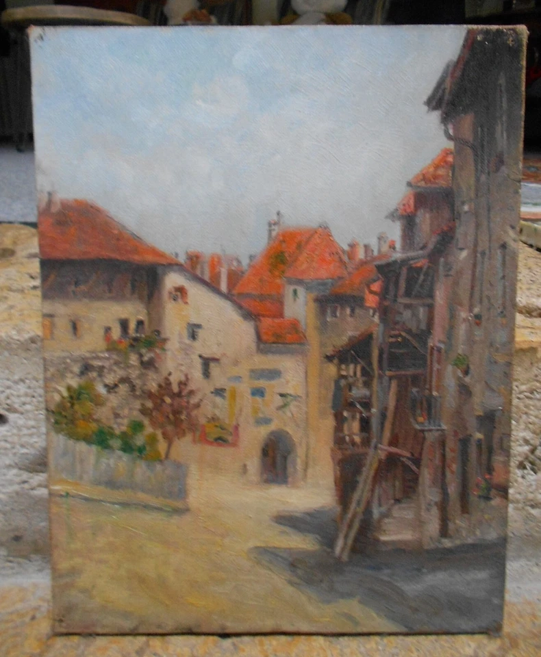 Tableau Vintage Huile sur Toile vieille ville Annecy - Photo 1/4