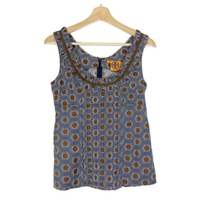 Tory Burch Top geometrisches Muster Taschen ärmellos Baumwolle braun marine Gr. 4 - Bild 1 von 12
