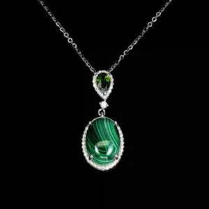 Silver Pendant Malachite Chrome Diopside Genuine Gems Solid Sterling With Chain - Picture 1 of 24