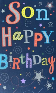 "Son Happy Birthday" Colourful Type & Stars Birthday Card by bingo bango - Foto 1 di 5