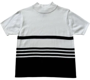 Crystal Kobe Sweater Womens Petite Large Mock Neck White Stripe Classic Pullover - Picture 1 of 7