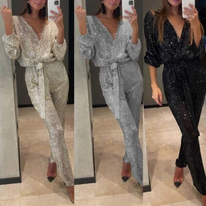 HOT Women Sequins Evening Party Jumpsuit Ladies Long Sleeve Playsuit Clubwear US - Picture 1 of 22