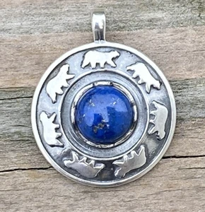 Bear Dance Pendant solid .925 Sterling Silver w/ Genuine Lapis Lazuli gemstone - Picture 1 of 12