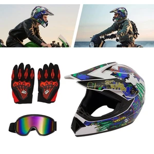 Motorcycle Off-Road Helmet Set Large Modern Helmet Set With Goggles And Gloves - Picture 1 of 22