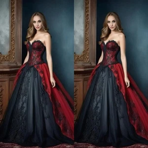 Vintage Victorian Wedding Dress Red And Black Gothic Lace Appliques Bridal Gowns - Picture 1 of 10