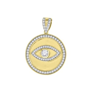 925 Sterling Silver Yellow Mens Cubic Zirconia Good Luck Evil Eye Charm Pendant - Picture 1 of 1