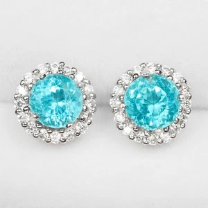 Aretes con halo de plata de ley 925 raros de turmalina Paraiba azul neón de 1,60 quilates - Imagen 1 de 8