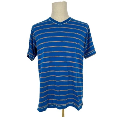 Camiseta Robert Graham Manga Corta Cuello en V Azul Real Amarillo Arco Iris Rayas M Foto 1 de 4