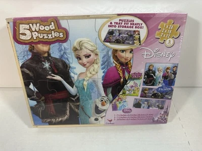 New DISNEY "FROZEN"  5 WOOD PUZZLES IN WOOD STORAGE BOX CARDINAL - Image 1 of 4