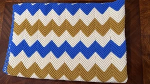 Vintage Chevron Knit Afghan Throw Blanket Blue Beige Brown 84x64 - Picture 1 of 8