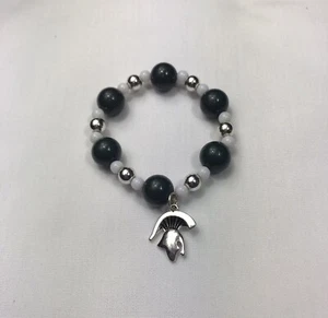 Spartans Green & White Game Day Charm Bead Bracelet, Stretch Silver Tone, EUC - Picture 1 of 19
