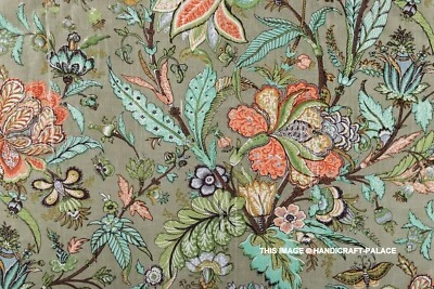 Indian 5 Yard Fabric Cotton Dress Material Sanganeri Floral Print Hand Block - Image 1 of 4