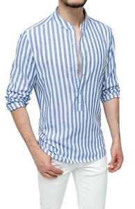 Camicia uomo Sartoriale in Lino bianco blu casual Elegante estiva a righe - Imagen 1 de 3
