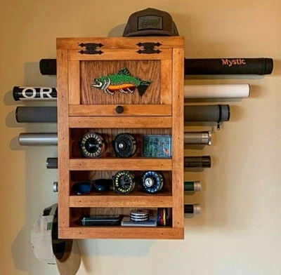 MOUNTAIN CREEK ANGLERS FLY ROD & REEL STORAGE CABINET - Choose your Trout species & Stain