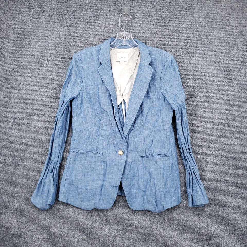 Blazer Loft Ann Taylor Mujer 0 Azul Lino Traje Chaqueta Muescas Un Botón Bolsillo Foto 1 de 4