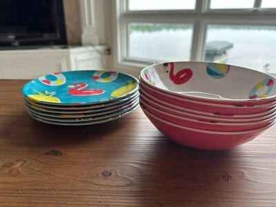 S/ 12 Zak Designs Melamina Flamenco Beachball Verano (6) 8" Cuencos y (6) Platos 9" Foto 1 de 4