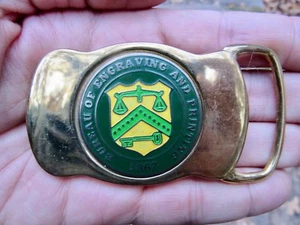 Vtg BUREAU ENGRAVING PRINTING Belt Buckle 1862 Government Emblem Brass RARE VG+ - Picture 1 of 4