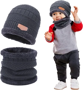 2 Stücke Grau Kinder Strickmütze Schal Set Warmes Winter Set Superweiches Fleece - Bild 1 von 7
