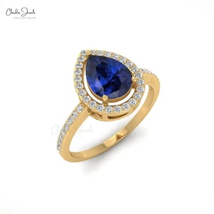 8x6mm Blue Sapphire Halo Wedding Ring 14K Real Gold Diamond Elegant Promise Ring - Picture 1 of 23