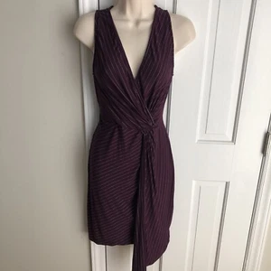 Matty Dress Size M Mini V Neck Wrap Style Sleeveless Pinstripe Plum Stretch - Picture 1 of 22