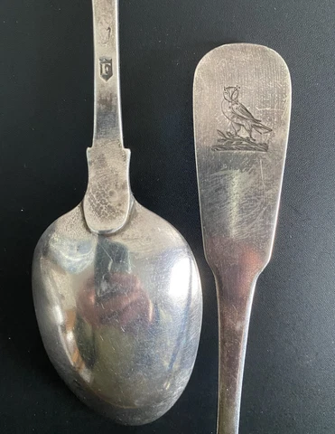 Pair Owl Antique Dublin 1778 Sterling Silver Spoons Armorial Crests Hallmarked Cover