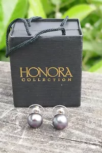 Vintage Honora 14k Yellow Gold & 10.2mm Gray Button Pearl Studs In Original Box - Picture 1 of 20