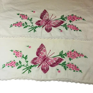 Vtg Embroidered Cotton Pillowcases Pink Butterflies Floral Crochet Trim Set of 2 - Picture 1 of 11