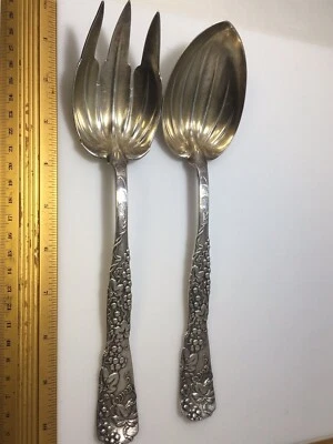 Tiffany & Co Plata Esterlina Patrón de Vid Raro Juego de 2 Piezas Para Servir Ensalada Tenedor Cuchara Foto 1 de 4
