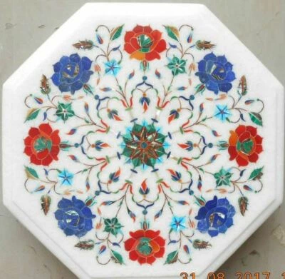 Mesa de mármol blanco 12" esquina café incrustación lapislázuli malaquita decoración habitación g102 Foto 1 de 4