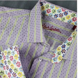 Robert Graham Dobby Stripe Button Down Floral Trim Details Size L french cuff - Picture 1 of 8