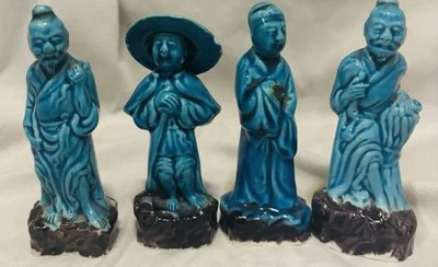 Set Of 4 Antique CHINESE Immortals Porcelain TURQUOISE Glaze Figurines 4" H - Image 1 of 4