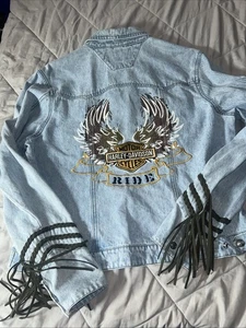 Chaqueta de motociclista vintage Harley 2004 Davidson Jean de mezclilla con flecos talla XL bordada - Imagen 1 de 12