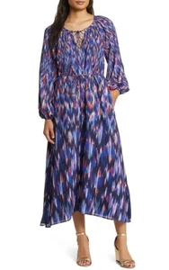 Tommy Bahama Ikat Print Maxi Dress with Tie-Neck Pockets Size Large Balloon Slv - Picture 1 of 13