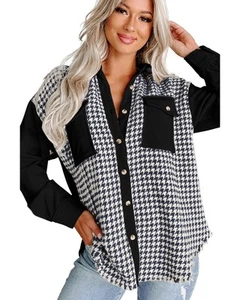 Azura Exchange Black Houndstooth Corduroy Patchwork Flap Pocket Shacket Women - Picture 1 of 48