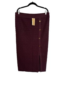 Michael Kors Knit Pencil Skirt Metallic MK Logo Front Slit Red Wine XL NWT - Picture 1 of 13