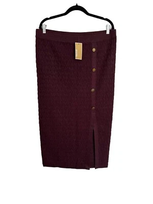 Michael Kors Knit Pencil Skirt Metallic MK Logo Front Slit Red Wine XL NWT - Image 1 of 4