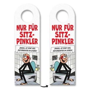 Bitte im Sitzen pinkeln Türhänger 10er Set im Comic-Stil in weiß rot - Bild 1 von 6